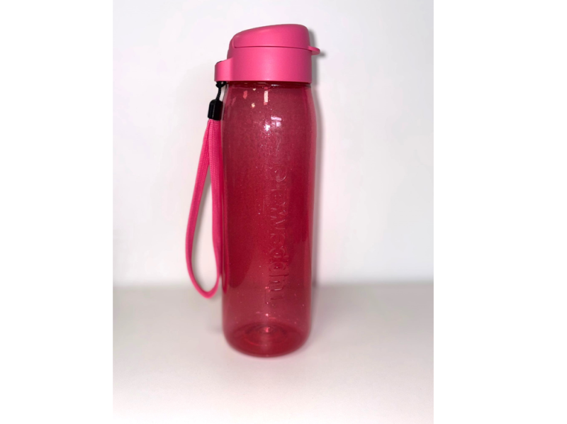Sticlă Premium 750 ml roz cu sclipici, capac click + șnur
