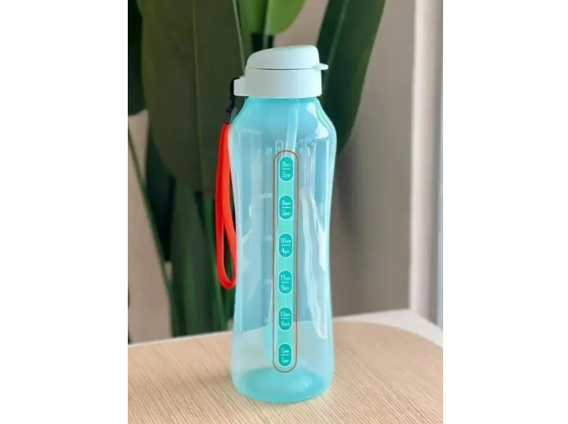 Sticlă 1,2 L albastru deschis capac click cu pai + șnur