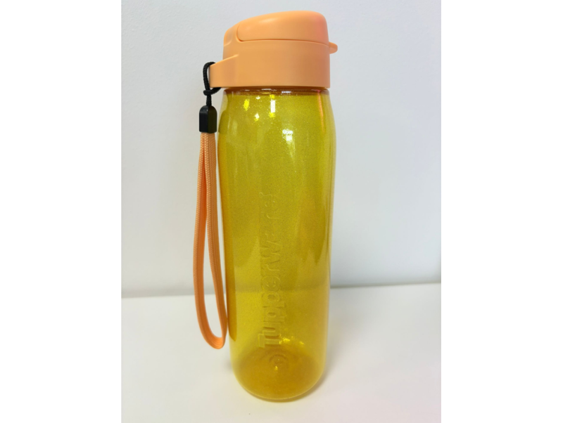 Sticlă Premium 750 ml portocalie cu sclipici, capac click + șnur